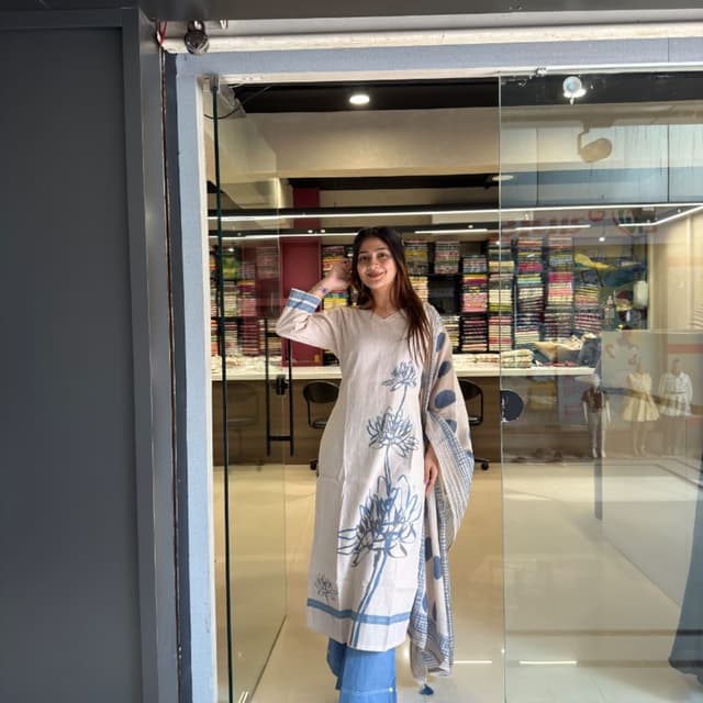 Beige, light blue, and white Kurta Set with Dupatta