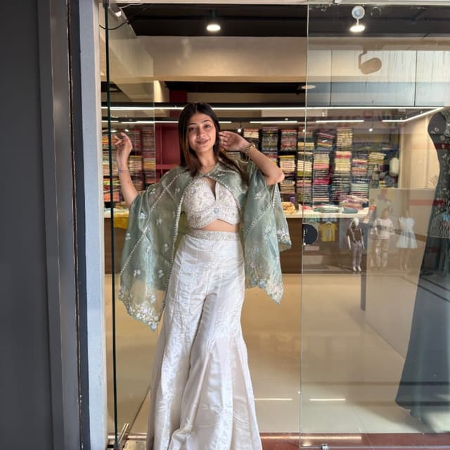 Sage green, off-white, and cream Co-ord set with cape