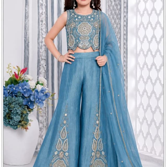Blue, Silver, Off-White Lehenga Choli with Sharara Pants