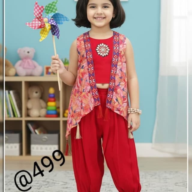 Red, orange, pink, blue, gold Jacketed Dhoti Salwar Set
