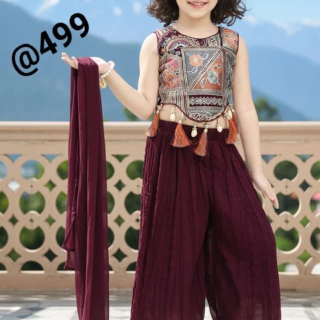 Wine, Maroon, Multi-colored print Lehenga Choli set with dupatta
