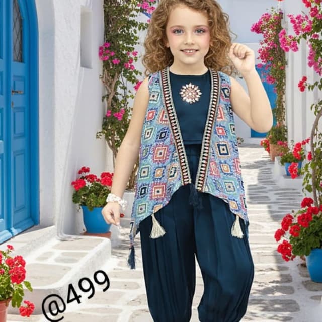 Navy Blue, Light Blue, Multicolored geometric patterns Jumpsuit with Jacket