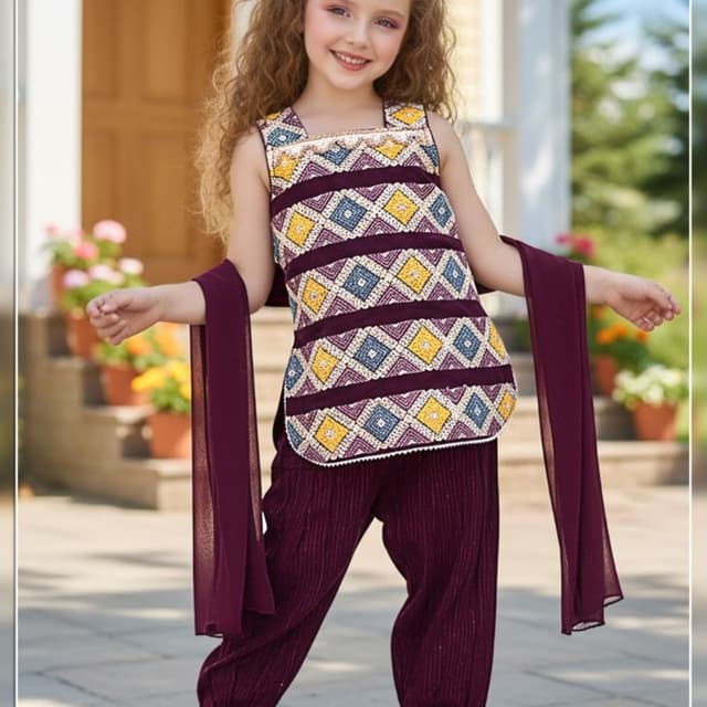 Deep Plum, Yellow, Slate Blue, White Kurti and Pant set with Dupatta