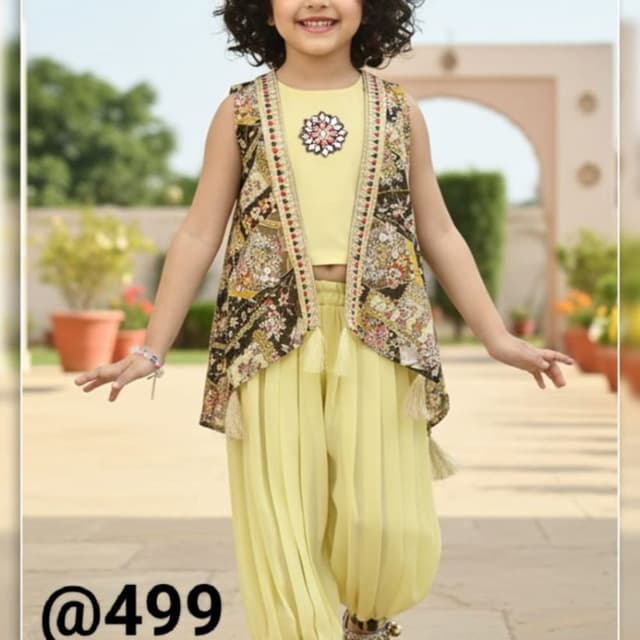 Lemon yellow, black, multi-colored floral accents, gold Dhoti set with jacket