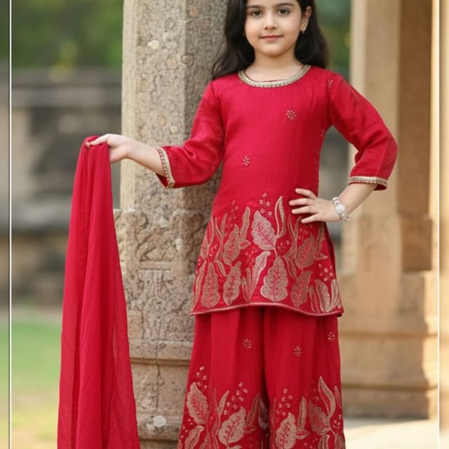 Monochromatic vibrant red with gold metallic embroidery Sharara Set