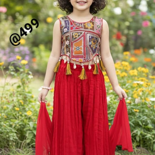Multi-colored patch work top with solid red bottoms Lehenga Choli with dupatta