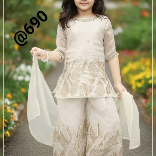 Off-white or cream base with gold embroidery Sharara Set