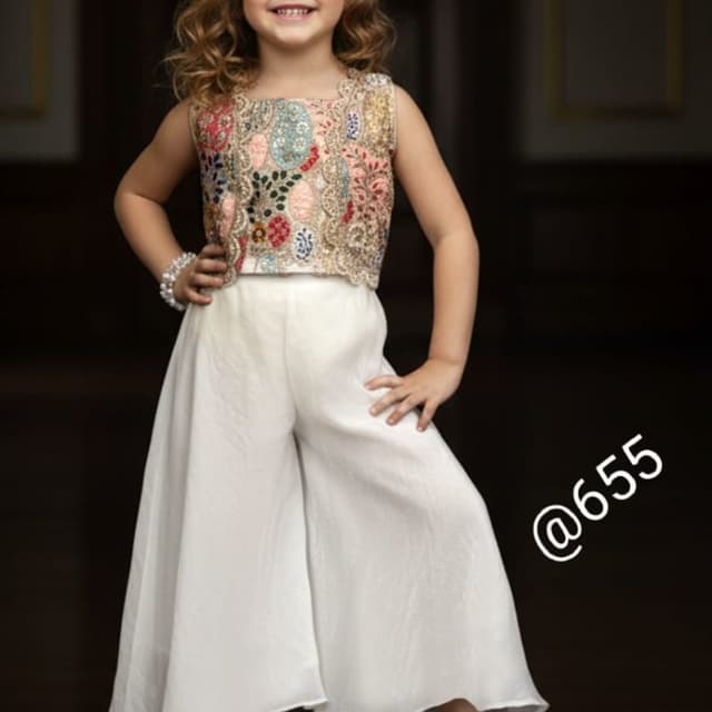 Multicolor embroidered top with solid white palazzo pants Lehenga Choli style Co-ord set
