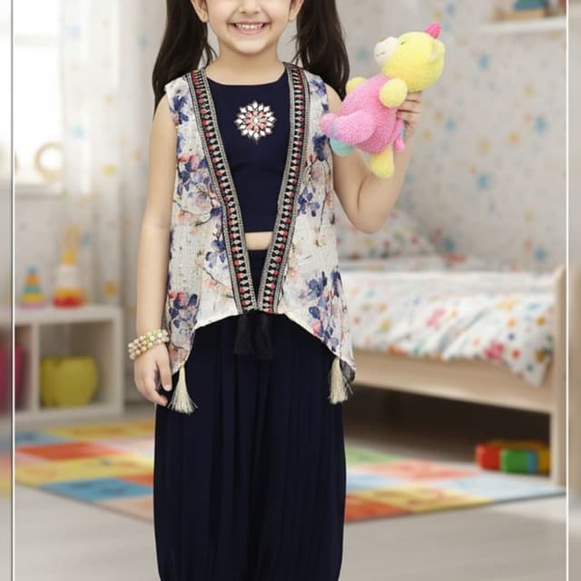 Navy Blue, White, Multi-color floral Indo-Western Co-ord set