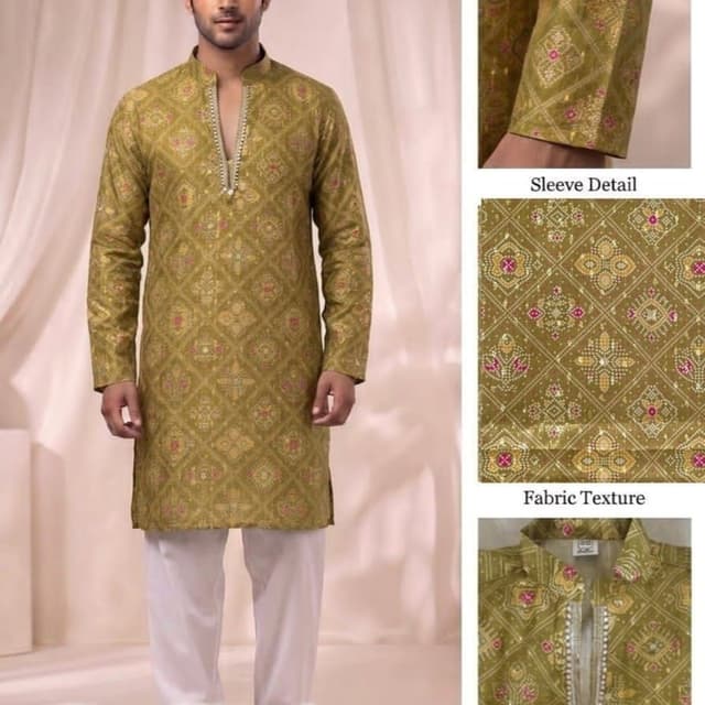 Olive green base with accents of pink, gold, and white Kurta