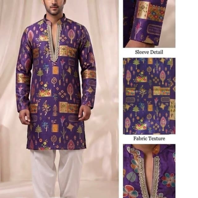 Deep purple base with multi-colored prints including shades of orange, yellow, green, and pink, with a silver-toned placket trim Kurta