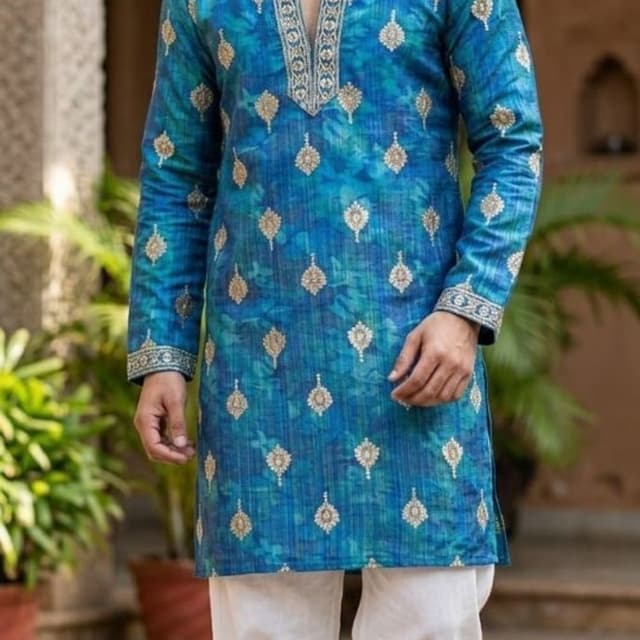 Blue, Teal, White, Gold Kurta