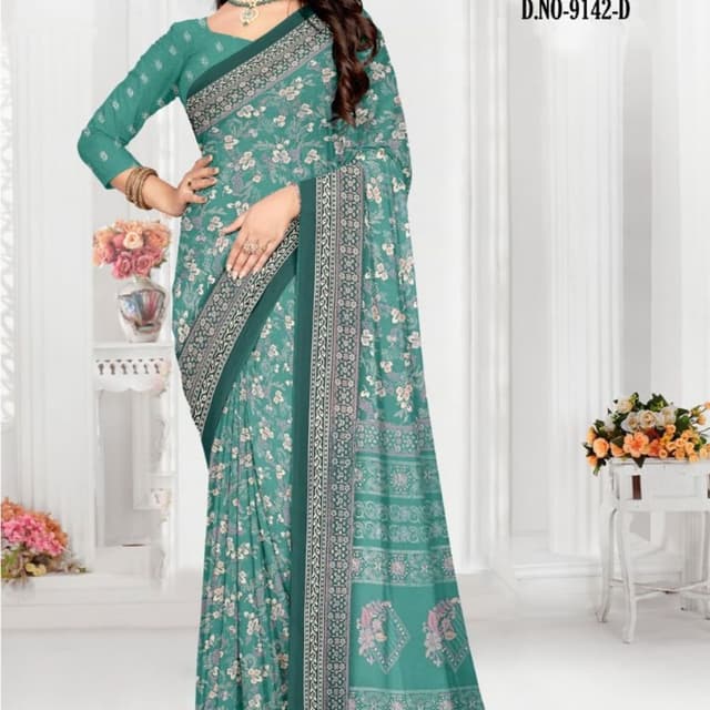 Teal green with cream and dark green accents Saree