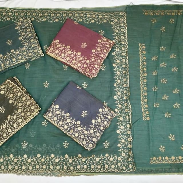 Dark Green base with Maroon and Grey-Blue accents, gold embroidery Dress Material Set