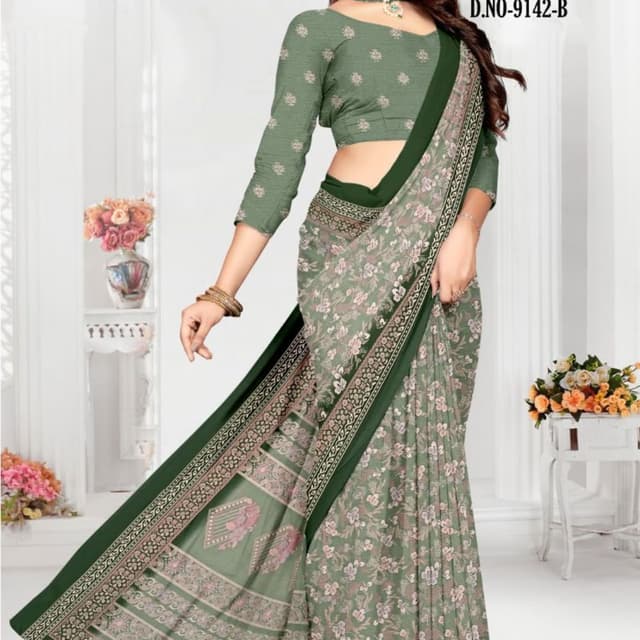 Sage Green, Dark Forest Green, Muted Pink, Cream Saree