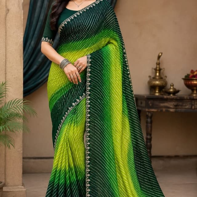 Ombre shades of dark green and lime green with silver accents Saree