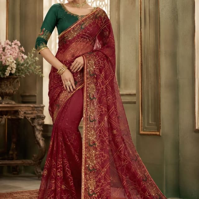 Maroon and Deep Green Saree