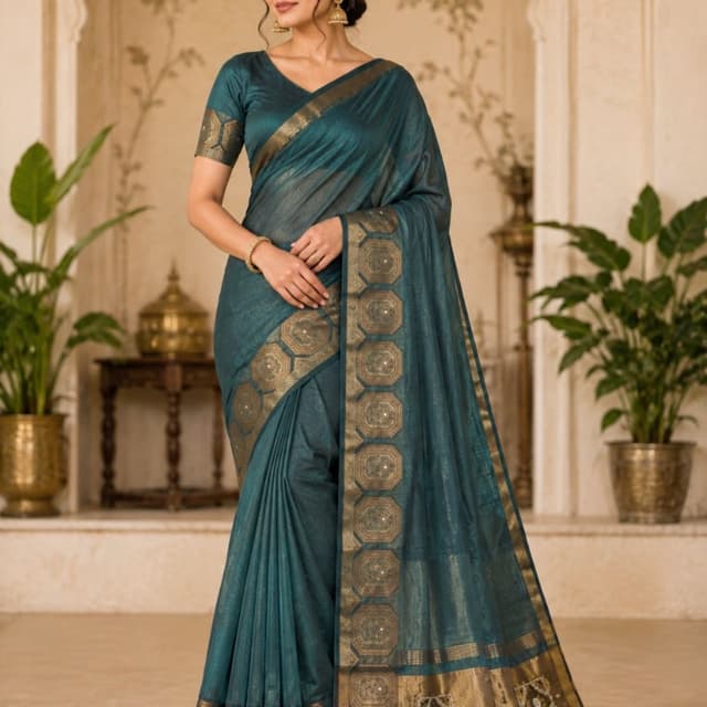 Teal, Gold Saree