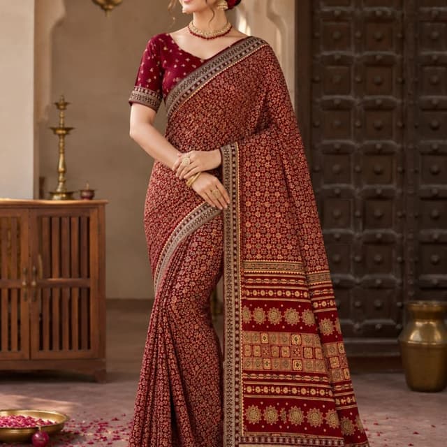 Maroon, Gold, and Beige Saree