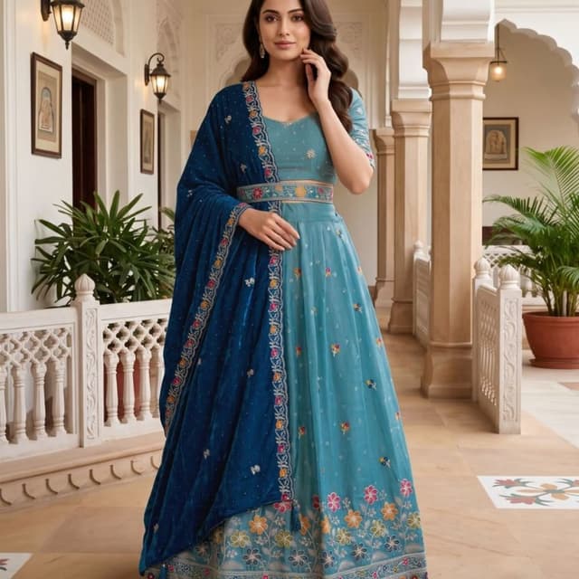 Teal, Navy Blue, Multicolored accents Lehenga Choli