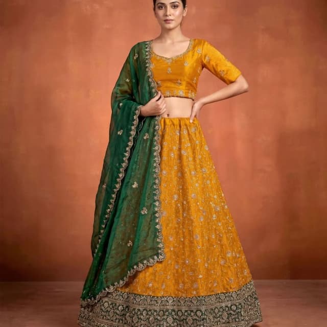 Mustard Yellow and Deep Green Lehenga Choli