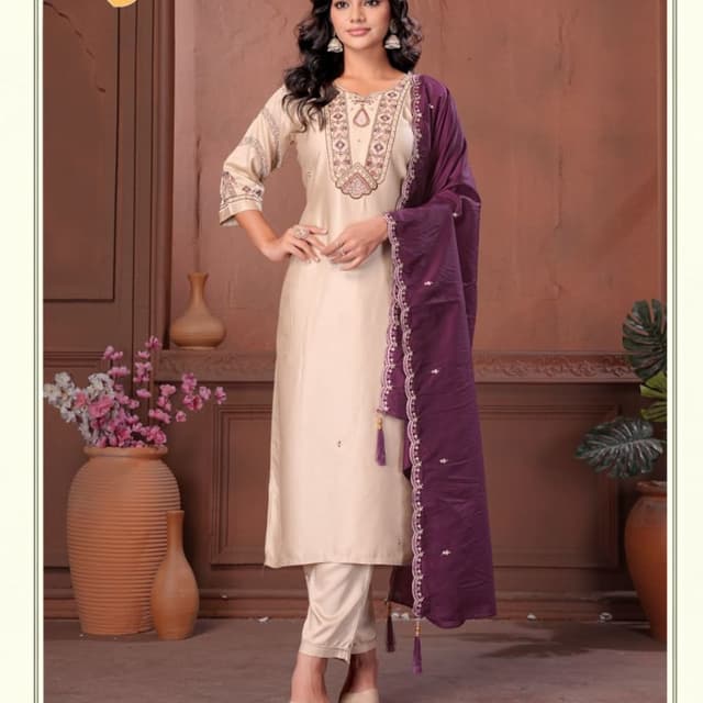 Beige and Deep Purple Salwar Kameez Set