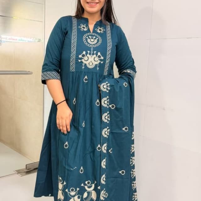 Teal and Off-White Kurta Set with Dupatta