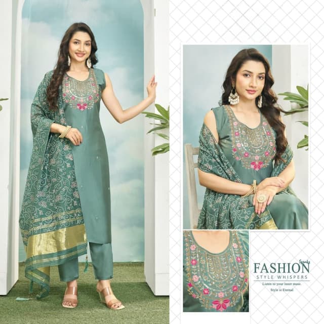 Sage green base with pink, light green, and white floral embroidery, complemented by gold zari border Salwar Kameez Suit