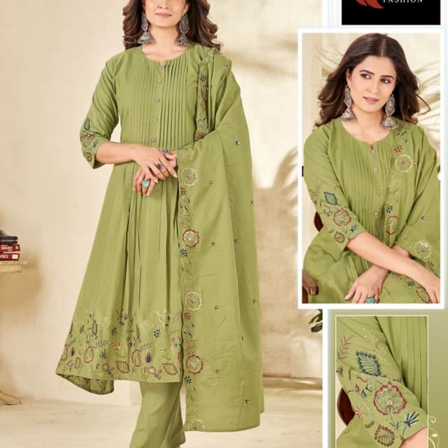 Olive Green with multi-colored thread embroidery Kurti with Pant and Dupatta set