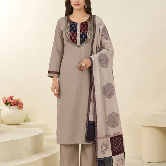 Taupe beige with dark blue and maroon accents Salwar Kameez Suit