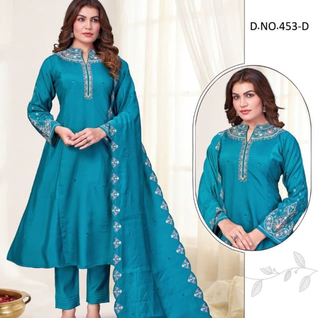 Teal blue with multi-colored floral embroidery Salwar Kameez