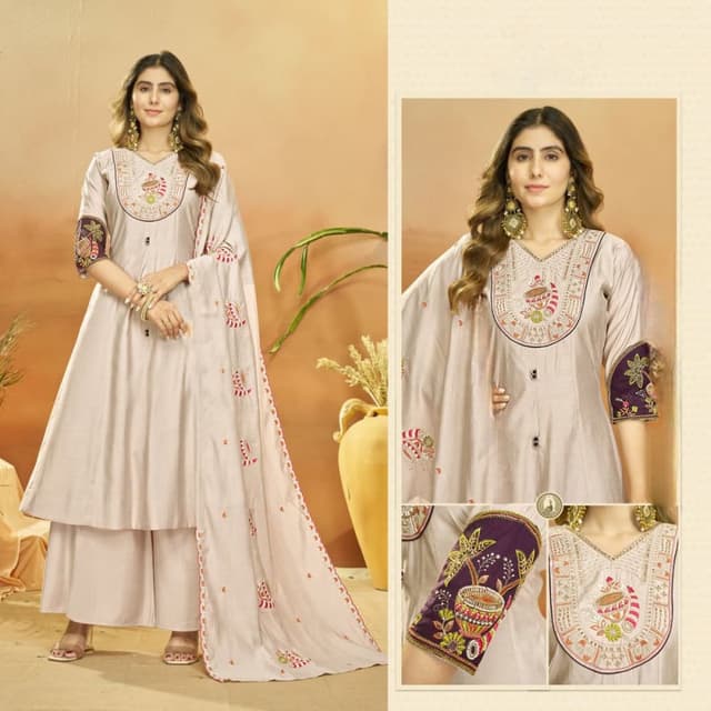 Off-white or cream base with deep purple and multi-colored embroidery accents Kurta with Palazzos and Dupatta