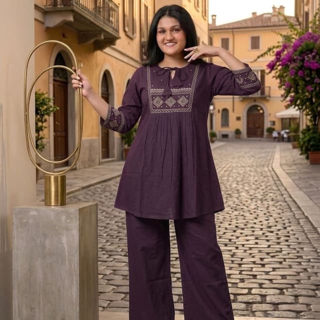 Deep Purple, Metallic Gold Kurti and Pant Set