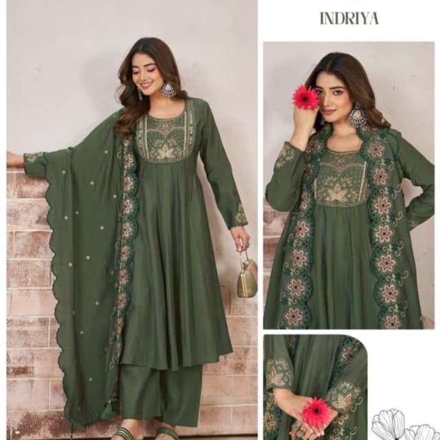 Olive Green, muted pink, and subtle gold accents Kurta set with shrug and dupatta