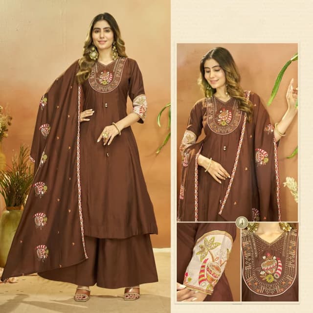 Deep brown, with accent embroidery in green, cream, red, and yellow Kurta Set with Palazzos and Dupatta