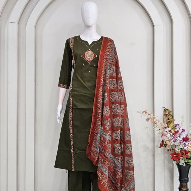 Olive green, Terracotta, Burnt Orange, and hint of cream/white Salwar Kameez Suit Set