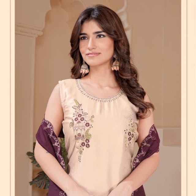 Beige, deep plum/purple Kurti with Dupatta