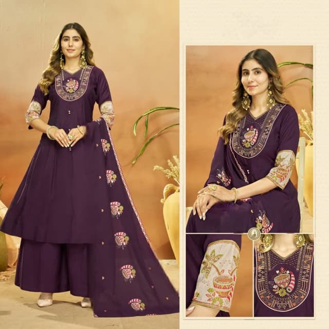 Deep purple base with beige and multi-colored embroidery Kurta with Palazzo and Dupatta Set