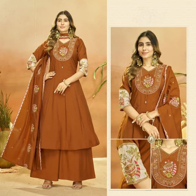 Brown and White Kurti with Palazzo and Dupatta Set