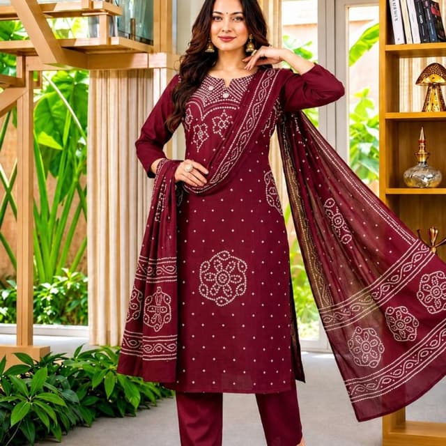 Deep Maroon or Burgundy with White Bandhani print Salwar Kameez Set