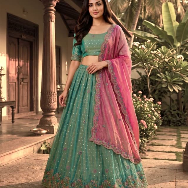 Seafoam green base with hot pink dupatta, accented with multi-colored thread work Lehenga Choli