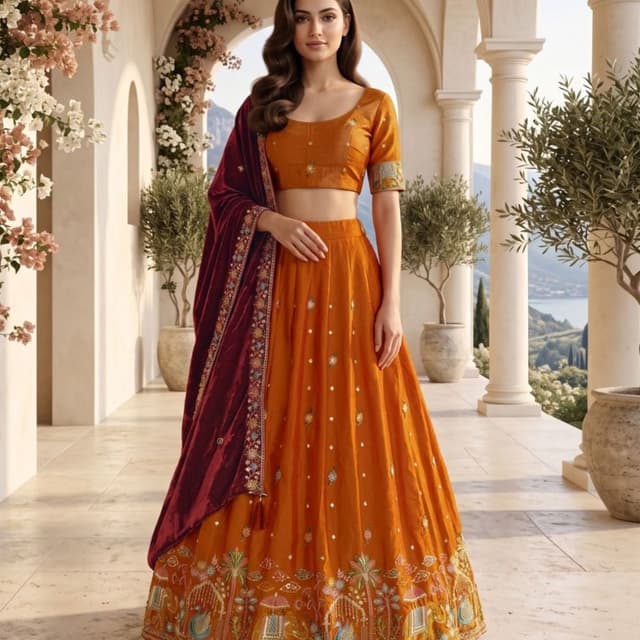 Mustard yellow, deep maroon, and multi-color embroidery Lehenga Choli