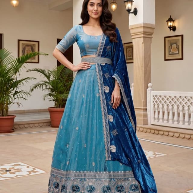 Sky blue, Royal blue, and Silver Lehenga Choli