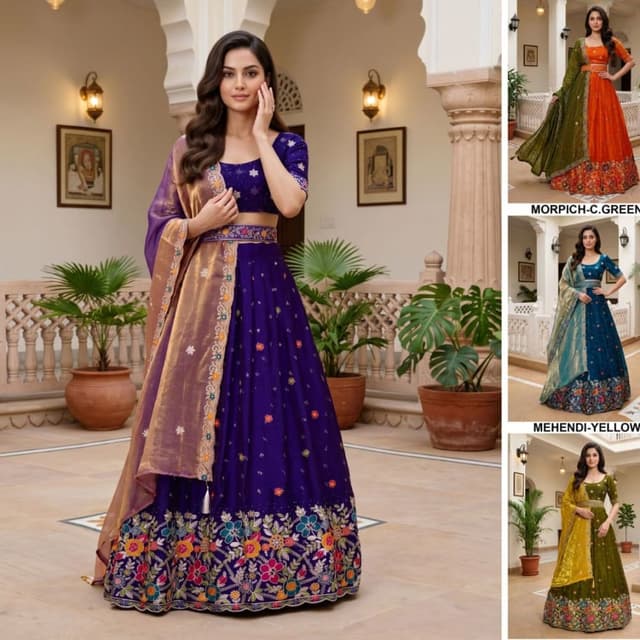 Royal Blue, Gold, Multi-colored embroidery (Pink, Orange, Teal) Lehenga Choli