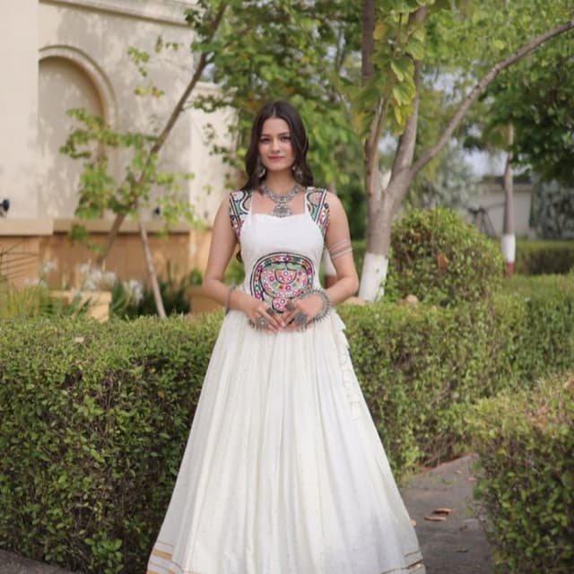 White, multi-colored accents (pink, green, blue, yellow), gold Anarkali Dress