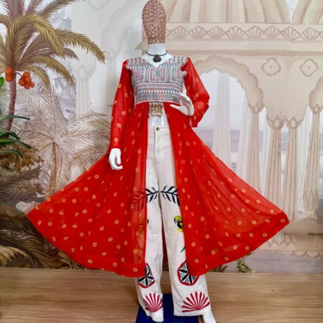 Red, White, and Multi-color accents Indo-Western Co-ord Set