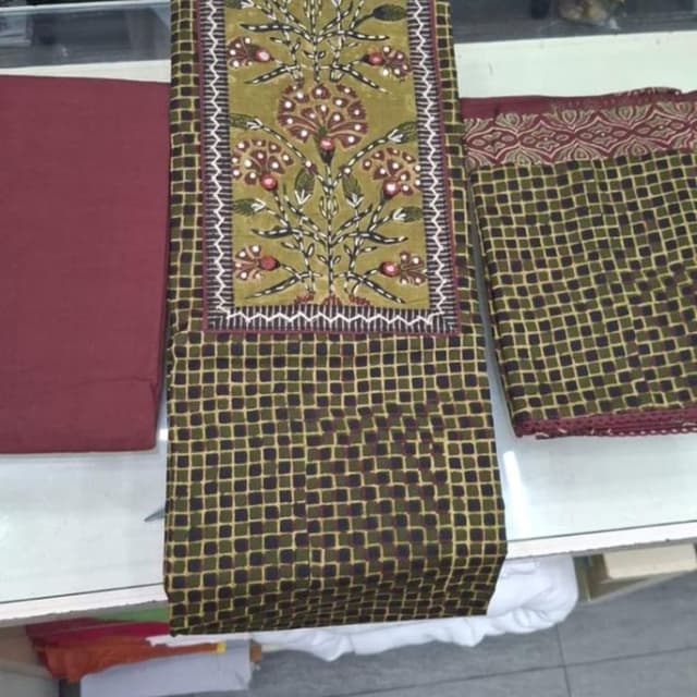 Olive green, maroon, dark brown, and cream Dress Material / Unstitched Suit Set