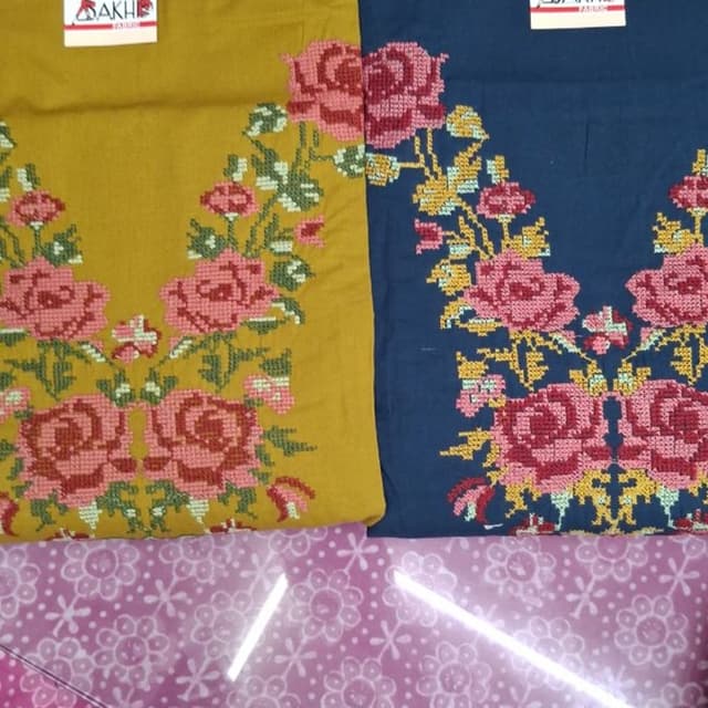 Mustard Yellow and Navy Blue base with pink, red, green, and yellow floral embroidery Kurti material/unstitched fabric