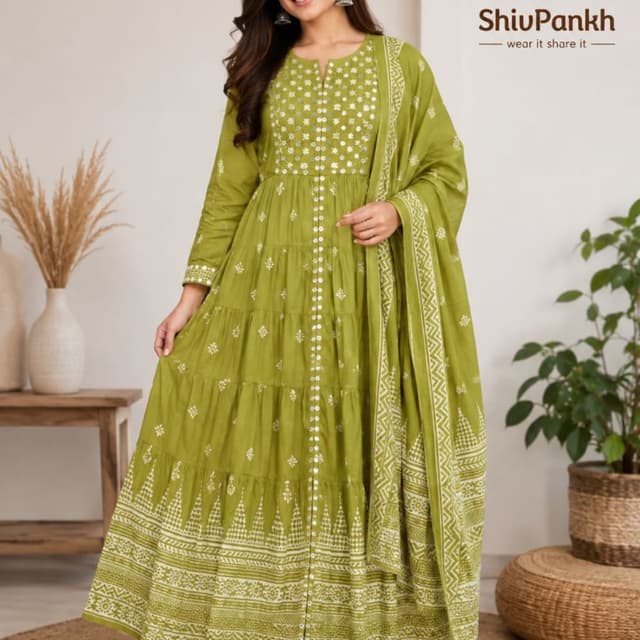 Olive green with white patterns Anarkali Kurta set with dupatta