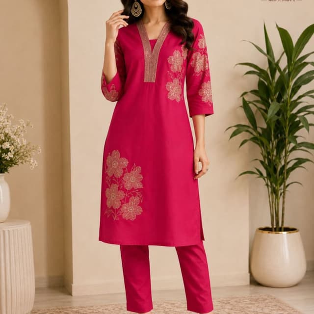 Hot pink, gold Kurta set with pants